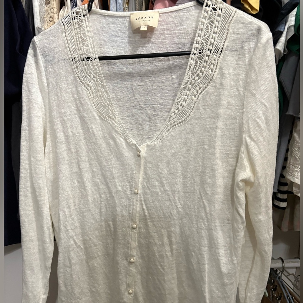 Sézane ivory linen lace trim cardigan
